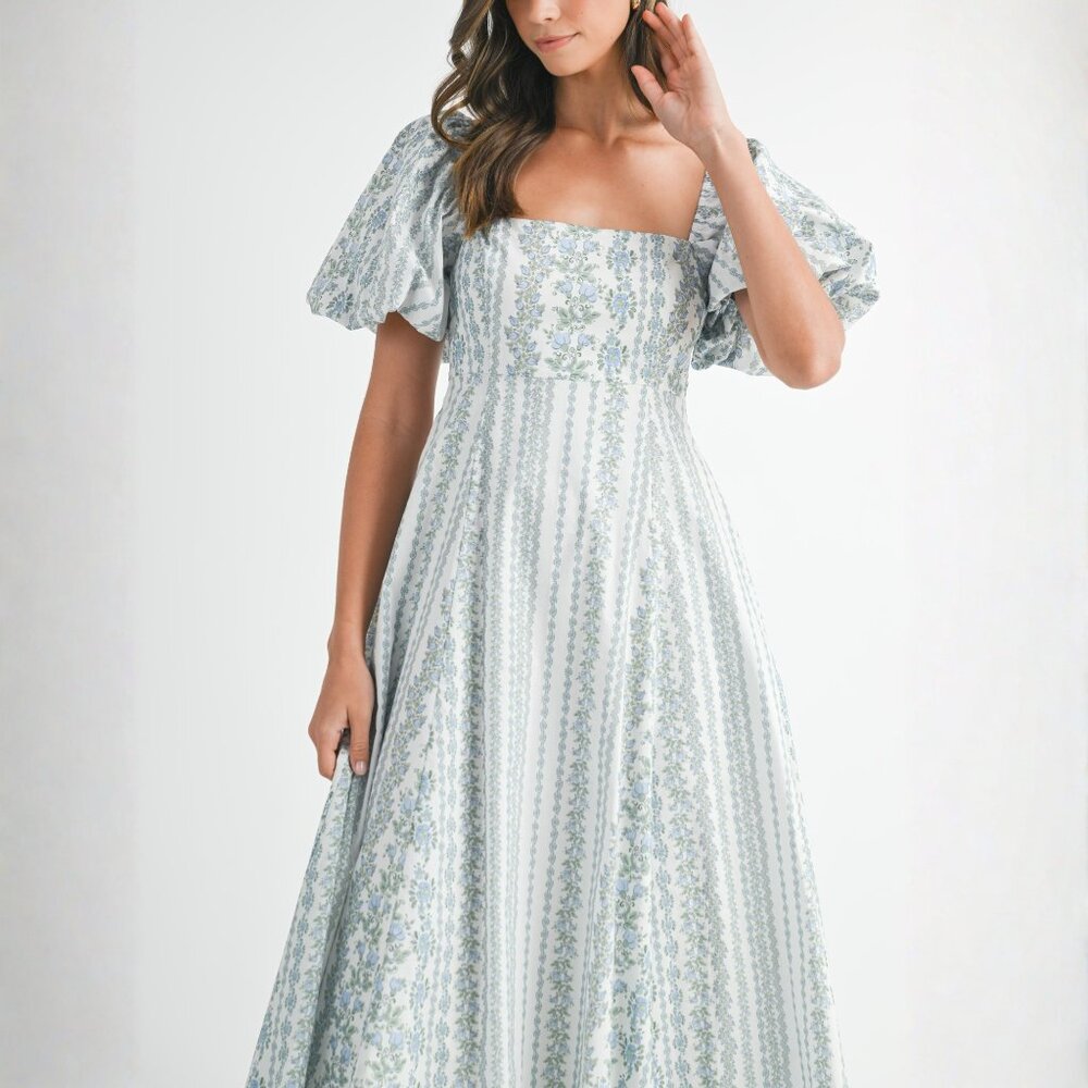 Princess Cinderella Blue Floral Puff Sleeve Midi Dress| Mother's Day| Bridal